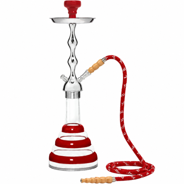 MYA acrylic hookah in red with clear tiered base, silver stem, bowl, tray, and matching hose
