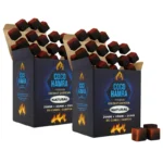 Two boxes of Coco Hamra Premium Natural Coconut Charcoal for hookah and shisha, each containing 80 cubes measuring 26mm x 26mm x 26mm, with loose charcoal cubes displayed in front of the packaging.