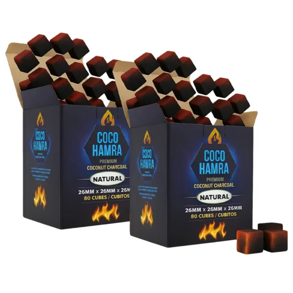 Two boxes of Coco Hamra Premium Natural Coconut Charcoal for hookah and shisha, each containing 80 cubes measuring 26mm x 26mm x 26mm, with loose charcoal cubes displayed in front of the packaging.