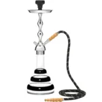 MYA acrylic hookah in black with clear tiered base, silver stem, bowl, tray, and matching hose